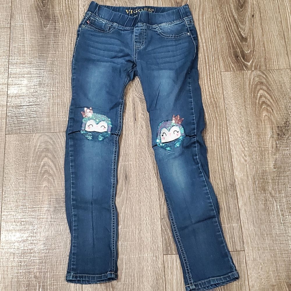 Girls Skinny Jeans Size 10 Vigoss Blue Skinny Jeans with Fun Penguin Patch